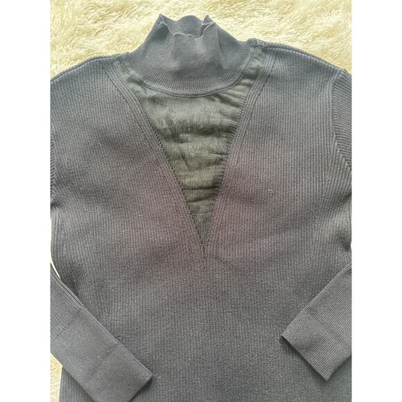 Paola Bernardi Black Ribbed Mock Neck Sheer V Sweater XS - Picture 4 of 9
